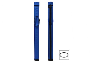 Blue single-tube pool cue case with zippered top, side handle, and black shoulder strap.