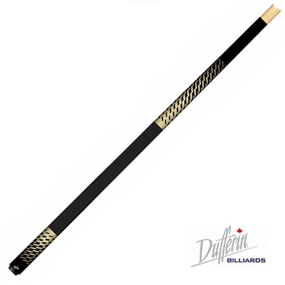 Black and gold Dufferin billiard cue with textured grip and hardwood tip.