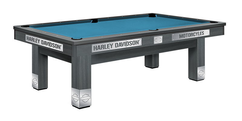 Harley-Davidson branded pool table with blue felt, gray wood finish, metal logo accents, and sturdy square legs