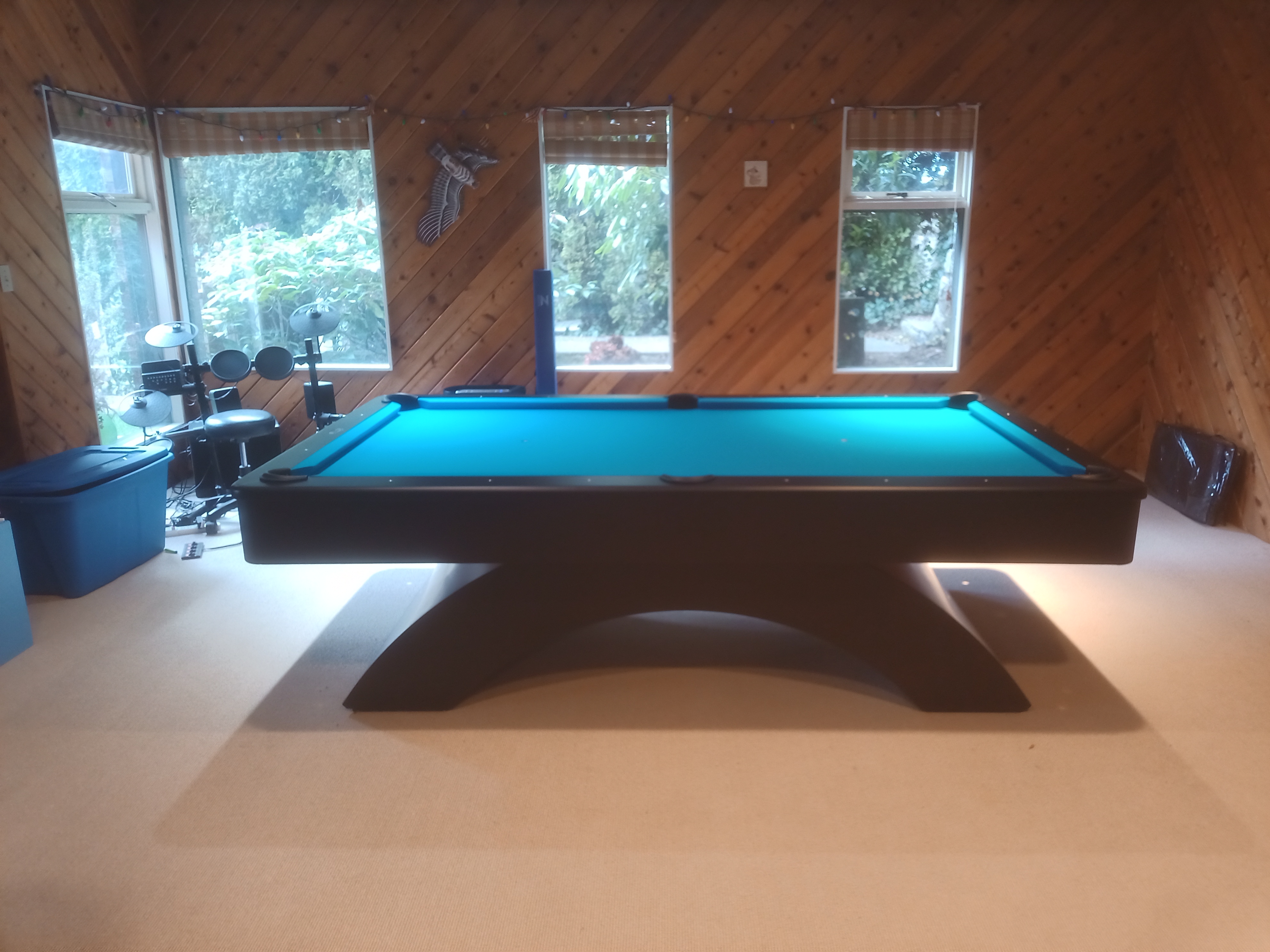 Green felt pool table in wood panelled room