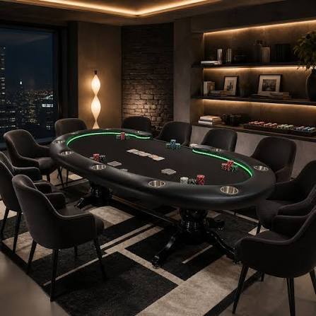  Luxury poker table with chips and upholstered chairs in a modern private game room.