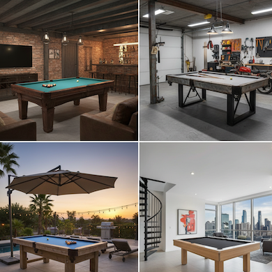 Four luxury pool tables in home bar, garage workshop, outdoor patio, and modern apartment settings.