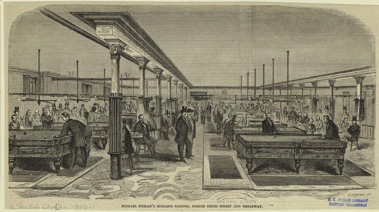 Alt: A drawn illustration shows an old pool hall filled with people in 19th-century clothing playing pool.