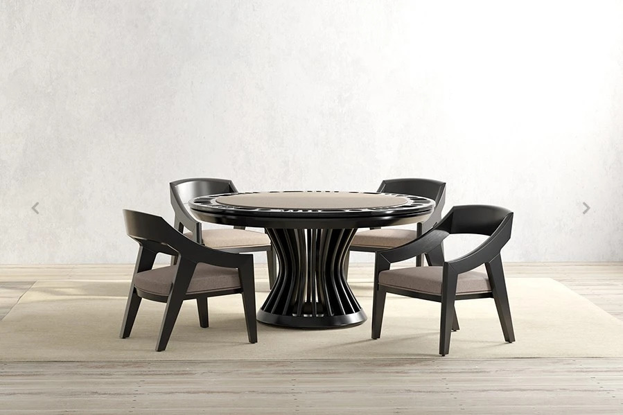 Modern round poker dining table with four upholstered chairs and a sculptural black base.