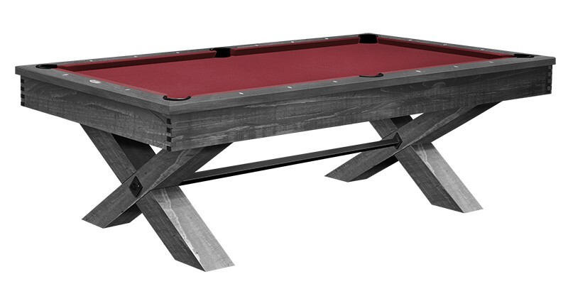 Rustic pool table with red felt surface, gray wood frame, and cross-leg base isolated on a transparent background